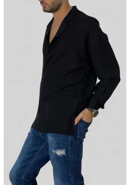 Oversize Salaş Uzun Kollu Siyah Erkek Gömlek