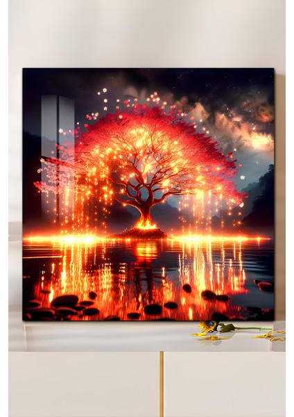 3D Görünümlü Temperli Cam Tablo – Alevli Kırmızı Ağaç Manzara Uv Baskı 33X33 CM-CTK104