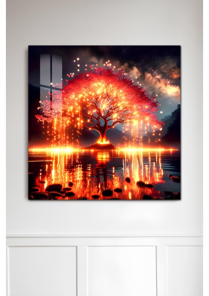 3D Görünümlü Temperli Cam Tablo – Alevli Kırmızı Ağaç Manzara Uv Baskı 33X33 CM-CTK104 fiyatları