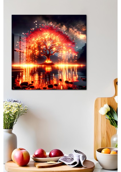 3D Görünümlü Temperli Cam Tablo – Alevli Kırmızı Ağaç Manzara Uv Baskı 33X33 CM-CTK104 modelleri
