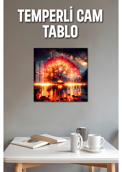 3D Görünümlü Temperli Cam Tablo – Alevli Kırmızı Ağaç Manzara Uv Baskı 33X33 CM-CTK104