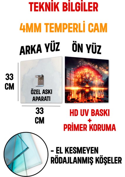 3D Görünümlü Temperli Cam Tablo – Alevli Kırmızı Ağaç Manzara Uv Baskı 33X33 CM-CTK104