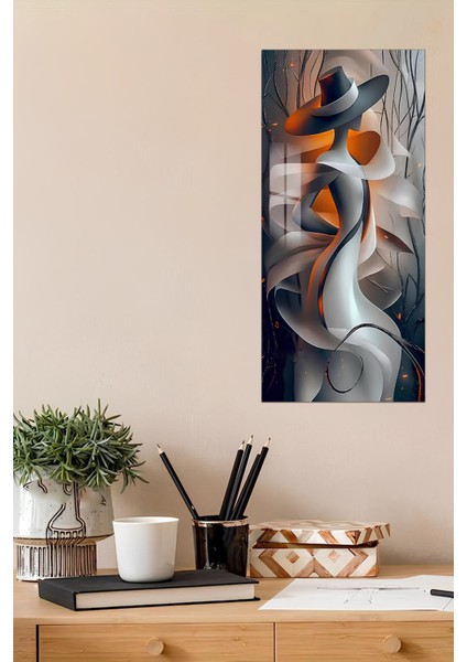 3D Görünümlü Temperli Cam Tablo – Soyut Kadın Silüeti ve Şapka Temalı Uv Baskı 30X60 cm - DCT142