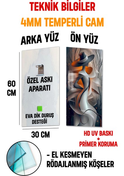 3D Görünümlü Temperli Cam Tablo – Soyut Kadın Silüeti ve Şapka Temalı Uv Baskı 30X60 cm - DCT142