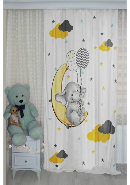 Sevimli Fil Çift Kanatlı Çocuk Odası Fon Perde