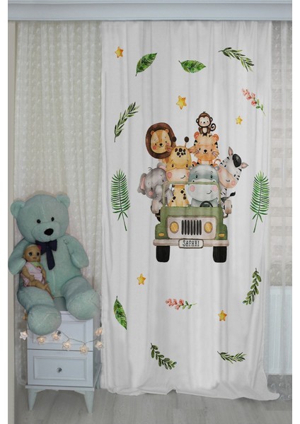 Safari Sevimli Hayvanlar Çift Kanatlı Çocuk Odası Fon Perde