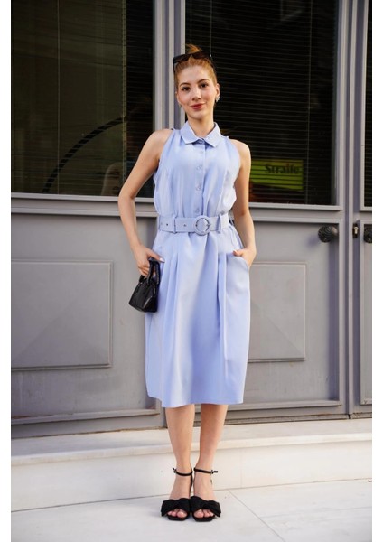 Gömlek Yaka Kemerli Elbise Mavi S255061 modelleri