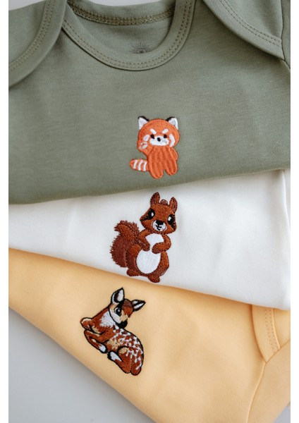 %100 Pamuk Bebek Body Zıbın (3'lü Set) - Sevimli Hayvan Nakışlı