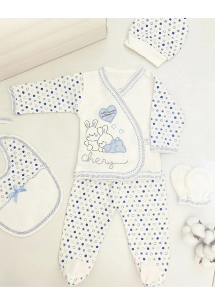 Tavşan Nakışlı Desenli Pamuklu Yenidoğan 5'li Hastane Çıkışı Zıbın Seti