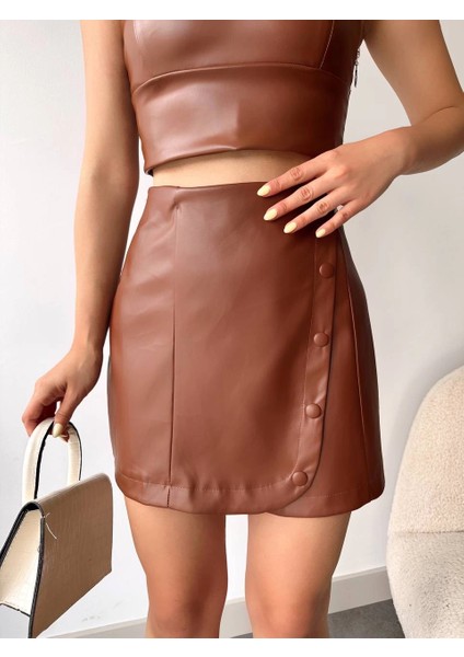 Lvsqvr Beş Düğmeli Oval Deri Etek Kahve H240068 (Beden: M)