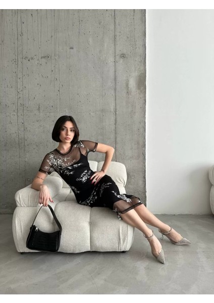 Kadın Baskılı Şifon Kimono Elbise - Siyah modelleri