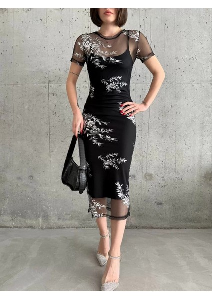 Kadın Baskılı Şifon Kimono Elbise - Siyah fırsatları