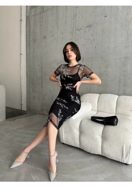 Kadın Baskılı Şifon Kimono Elbise - Siyah indirimleri