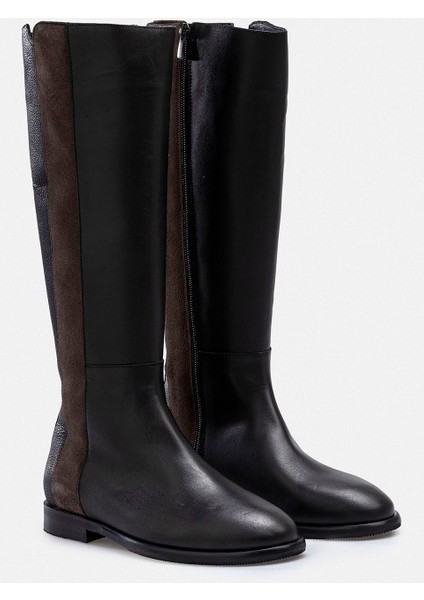 Kahverengi Süet Şerit Detaylı Hakiki Deri Siyah Çizme modelleri