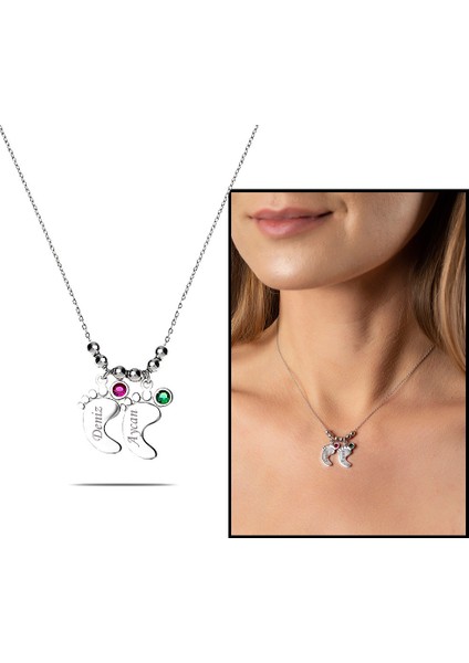 Zirkon Taşlı Isme Özel Yazılı 925 Ayar Gümüş Bebek Ayak Izi Kolye modelleri