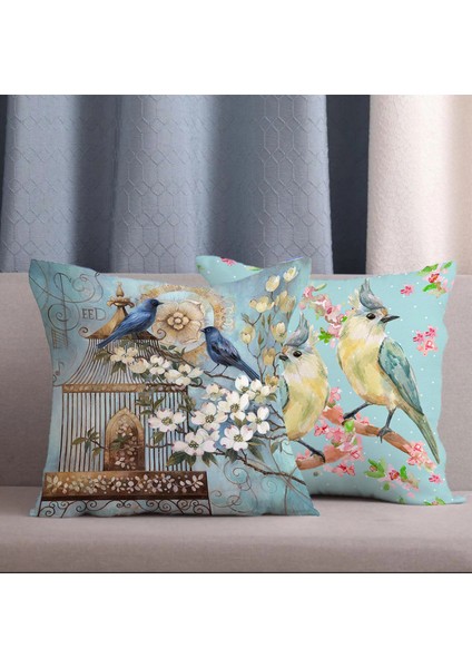 2 Li Kombin Sevimli Kuşlar Dijital Baskılı Kırlent Kılıfı