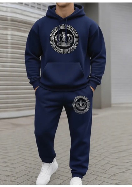 Büyük Beden Özel Tasarım Kapüşonlu Kralın Tacı Baskılı %100 Pamuk Kışlık Erkek Eşofman Takımı