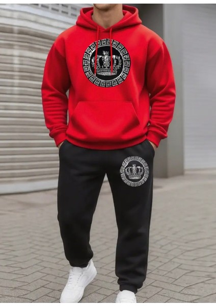 Büyük Beden Özel Tasarım Kapüşonlu Kralın Tacı Baskılı %100 Pamuk Kışlık Erkek Eşofman Takımı