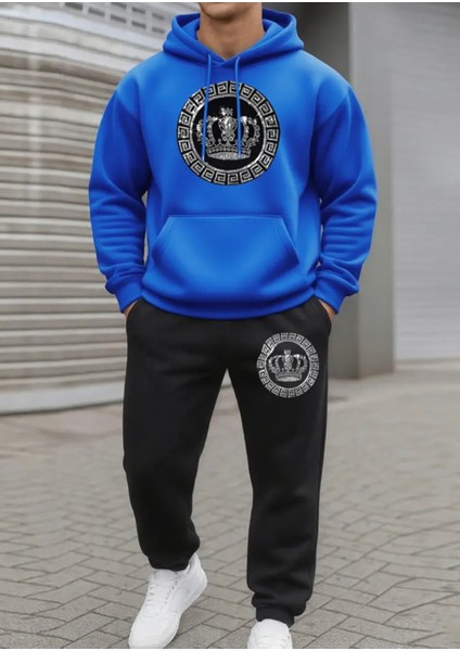 Büyük Beden Özel Tasarım Kapüşonlu Kralın Tacı Baskılı %100 Pamuk Kışlık Erkek Eşofman Takımı