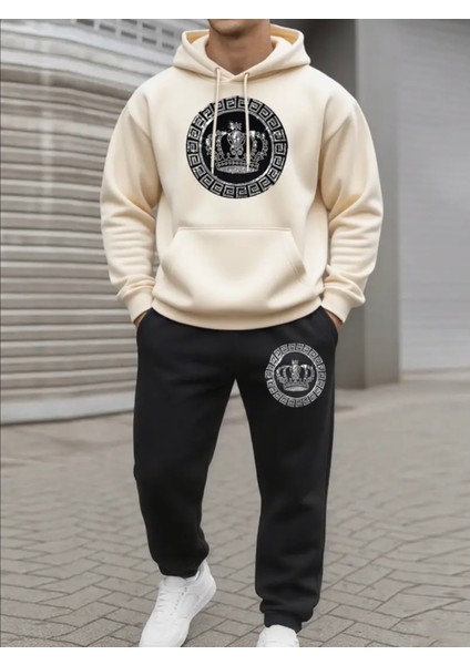 Büyük Beden Özel Tasarım Kapüşonlu Kralın Tacı Baskılı %100 Pamuk Kışlık Erkek Eşofman Takımı