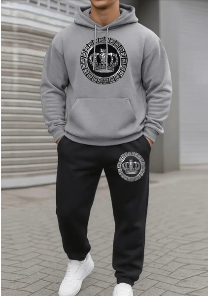 Büyük Beden Özel Tasarım Kapüşonlu Kralın Tacı Baskılı %100 Pamuk Kışlık Erkek Eşofman Takımı