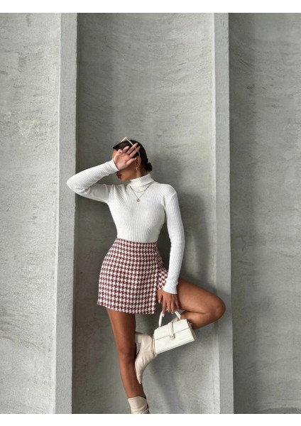 Lvsqvr Iki Düğmeli Kaz Ayağı Desen Ch Kumaş Şort Etek Bordobeyaz H26414 (Beden: L) modelleri