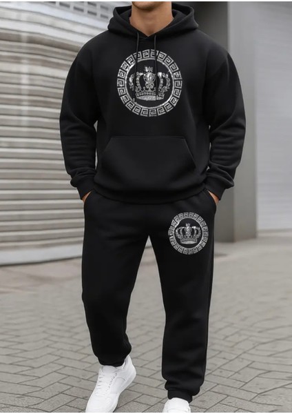 Büyük Beden Özel Tasarım Kapüşonlu Kralın Tacı Baskılı %100 Pamuk Kışlık Erkek Eşofman Takımı