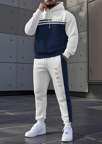 Büyük Beden Özel Tasarım Kapüonlu Çift Renk Paris Baskılı %100 Pamuk Kışlık Luxury Erkek Eşofman Takımı