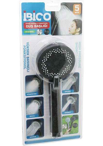 5 Mod Yuvarlak=8.7cm Duş Başlık Kademeli Vakumlu Siyah Gövde - Siyah Zemin - Beyaz-Syh Iğne SAP:14CM (5358)