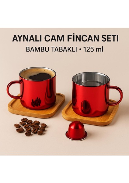 Christmas Borosilikat Cam Fincan Seti Bambu Tabaklı Içi Aynalı 2X125 ml
