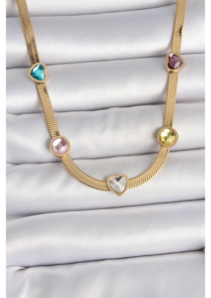 316L Çelik Gold Renk İtalyan Zincir Renkli Zirkon Taşlı Kalp Figür Kadın Kolye - TJ-BKO10117