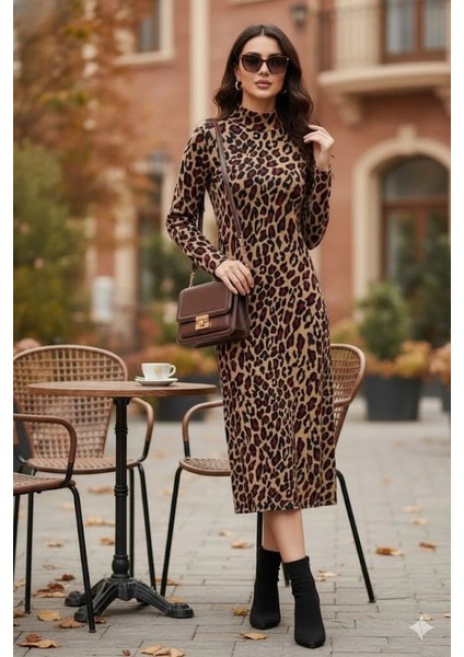 Kadın Uzun Kollu Balıkçı Yaka Leopar Desenli Midi Boy Elbise fiyatları