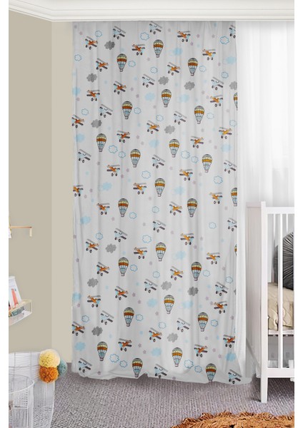 Balon Uçaklı Çift Kanatlı Bebek Çocuk Odası Fon Perde