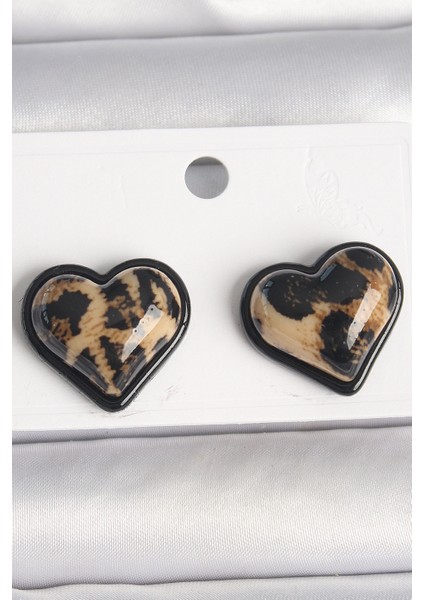 Pirinç Siyah Renk Leopar Desen 3D Kalp Model Kadın Küpe - TJ-BKP10344