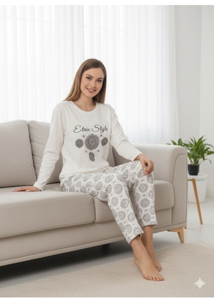 Interlok Kumaş Uzun Kollu Kadın Pijama Takımı Desenli Baskılı fırsatları