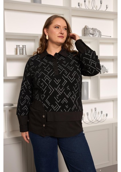 Gömlek Garnili Siyah Büyük Beden Kadın Örme Bluz