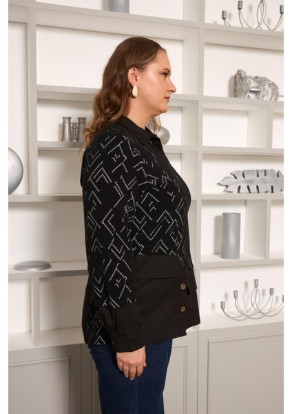Gömlek Garnili Siyah Büyük Beden Kadın Örme Bluz modelleri