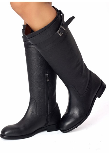 Kadın Hakiki Deri El Işçiliği Diz Altı Siyah Çizme