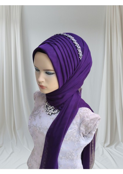 Aksesuar Dahil Mor Likralı Kumaş Tek Tek Hazır Şal Hazır Türban Hazır Duvak