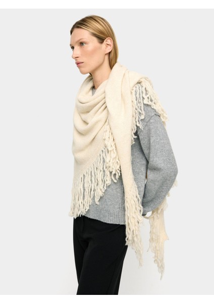 Püsküllü Yün Karışımlı Uzun Giyilebilir Şal