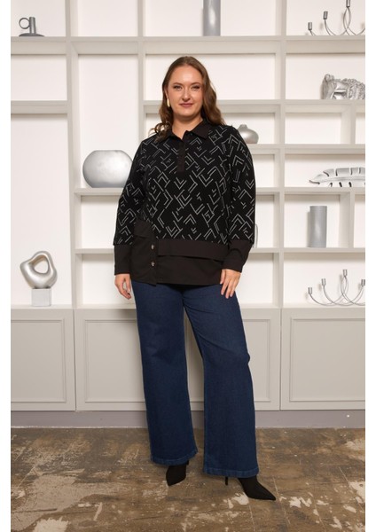 Gömlek Garnili Siyah Büyük Beden Kadın Örme Bluz