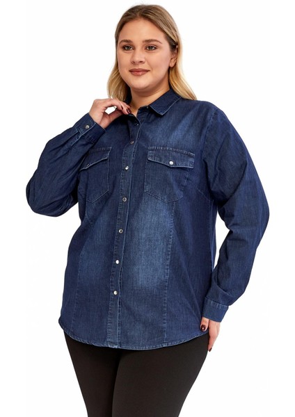 Yumuşacık Kot Kumaş Lacivert Büyük Beden Kadın Gömlek