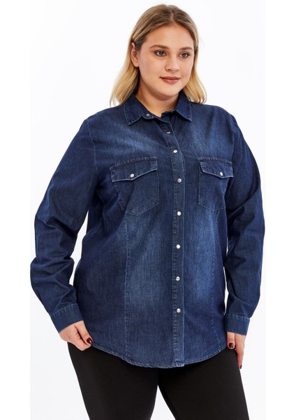 Yumuşacık Kot Kumaş Lacivert Büyük Beden Kadın Gömlek fiyatları