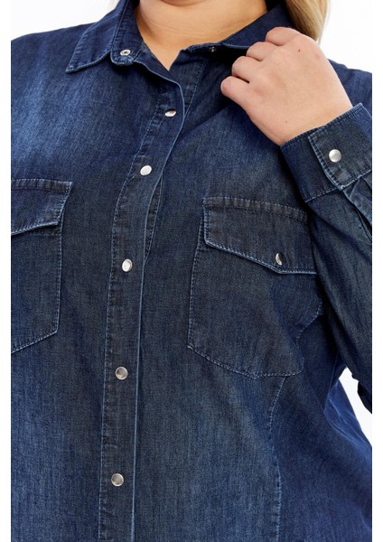 Yumuşacık Kot Kumaş Lacivert Büyük Beden Kadın Gömlek modelleri