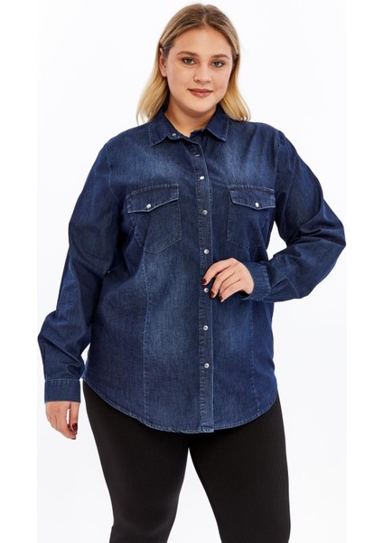 Yumuşacık Kot Kumaş Lacivert Büyük Beden Kadın Gömlek fırsatları