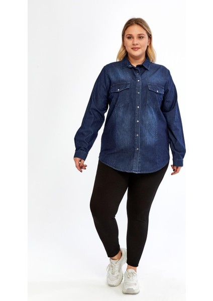 Yumuşacık Kot Kumaş Lacivert Büyük Beden Kadın Gömlek