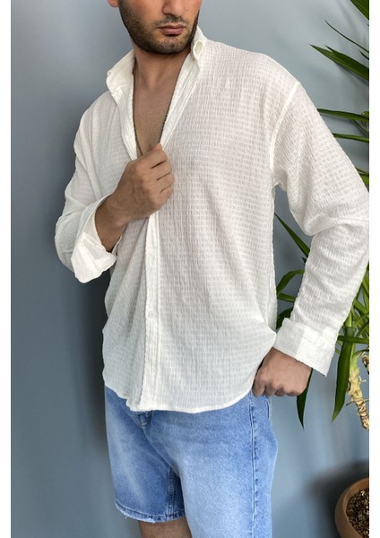 Kırinkıl Kumaş Oversize Yumuşak Dokulu Mavi Gömlek