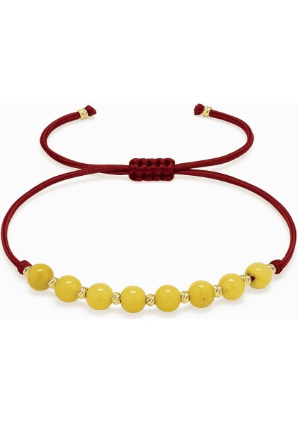 Makrome Örgülü Küre Kesim Kırmızı Ip Dorika Top Sarı Beyaz Renk Doğal Damla Kehribar Kadın Bileklik