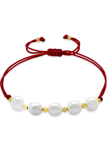 Makrome Örgülü Naturel Kesim Kırmızı Ipli Sarı Dorika Top Süslemeli Doğal Inci Kadın Bileklik
