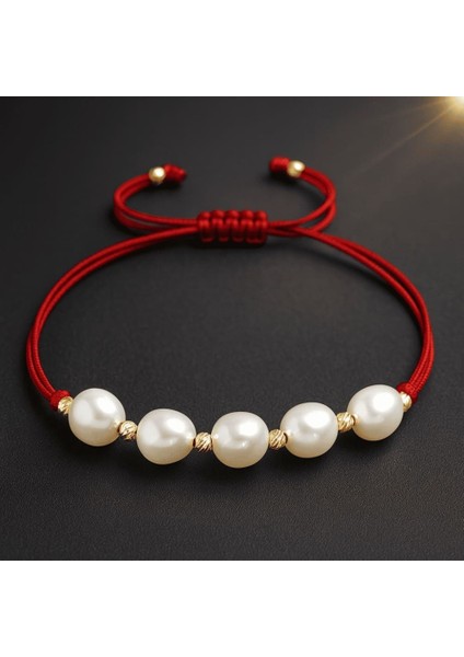 Makrome Örgülü Naturel Kesim Kırmızı Ipli Sarı Dorika Top Süslemeli Doğal Inci Kadın Bileklik indirimleri